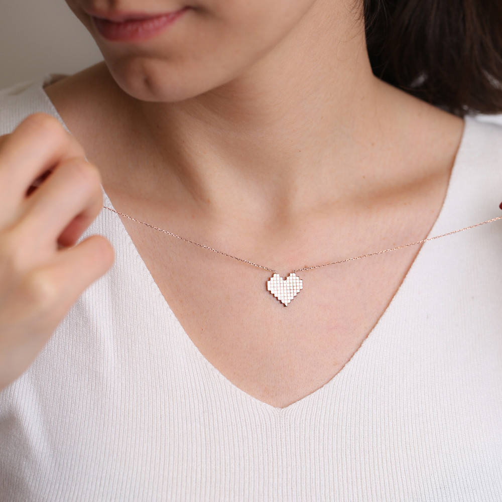 Pixel Heart Charm Design Pendant Turkish Handmade 925 Sterling Silver Jewelry