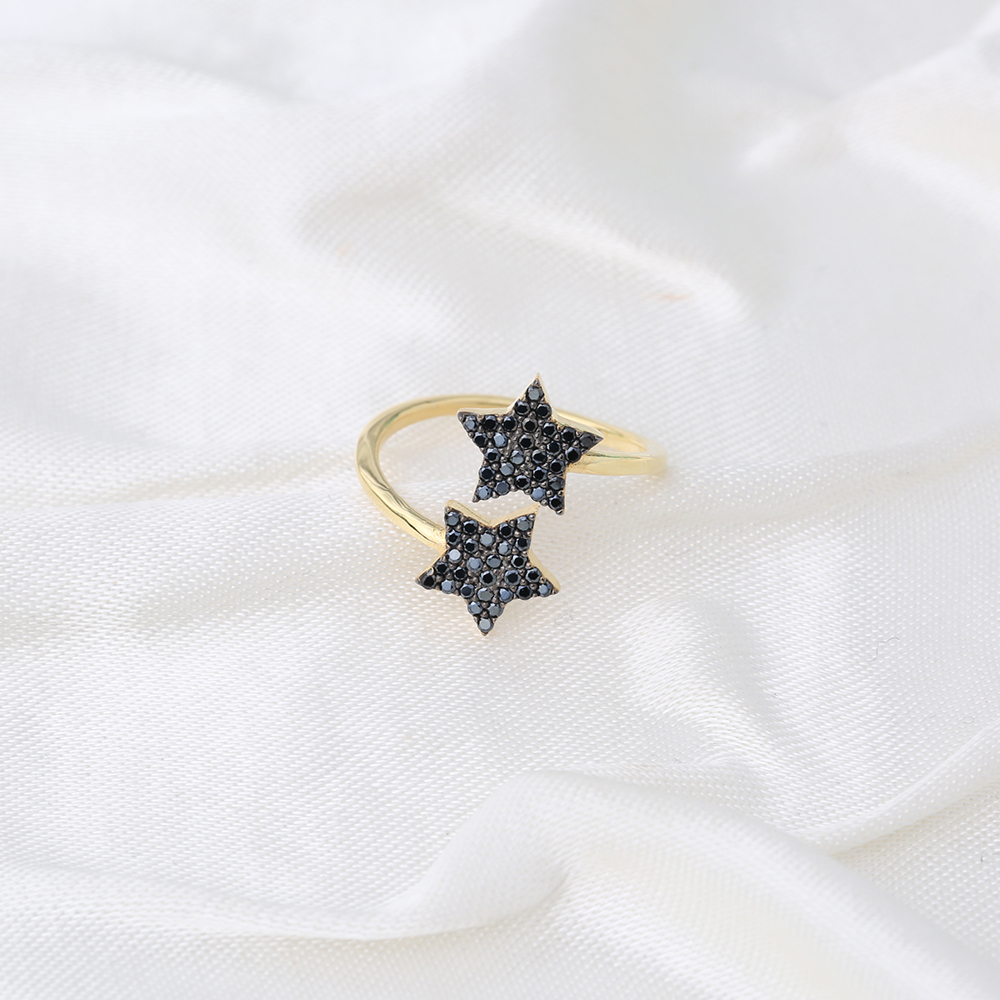 Double Side Black Stone Star Wrap Ring Turkish Silver Jewelry