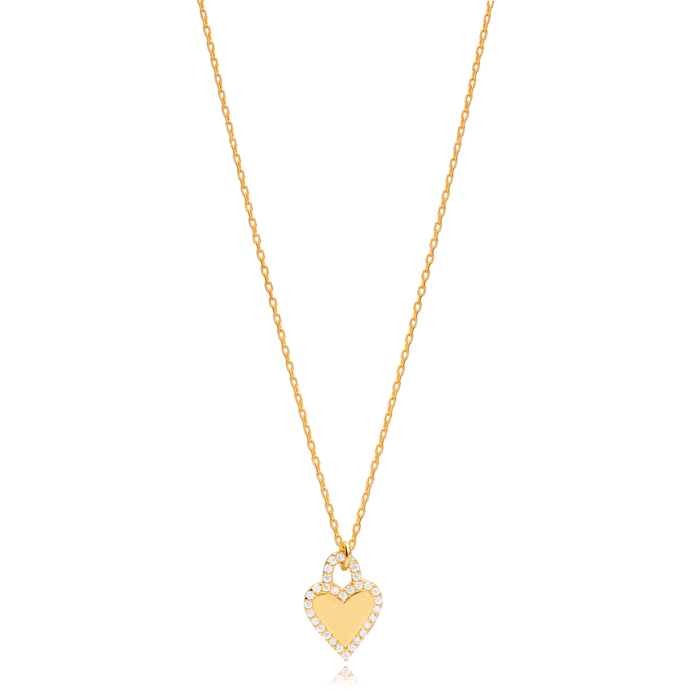 Heart Design CZ Stone Minimalist Necklace Pendant Turkish Handmade 925 Sterling Silver Jewelry