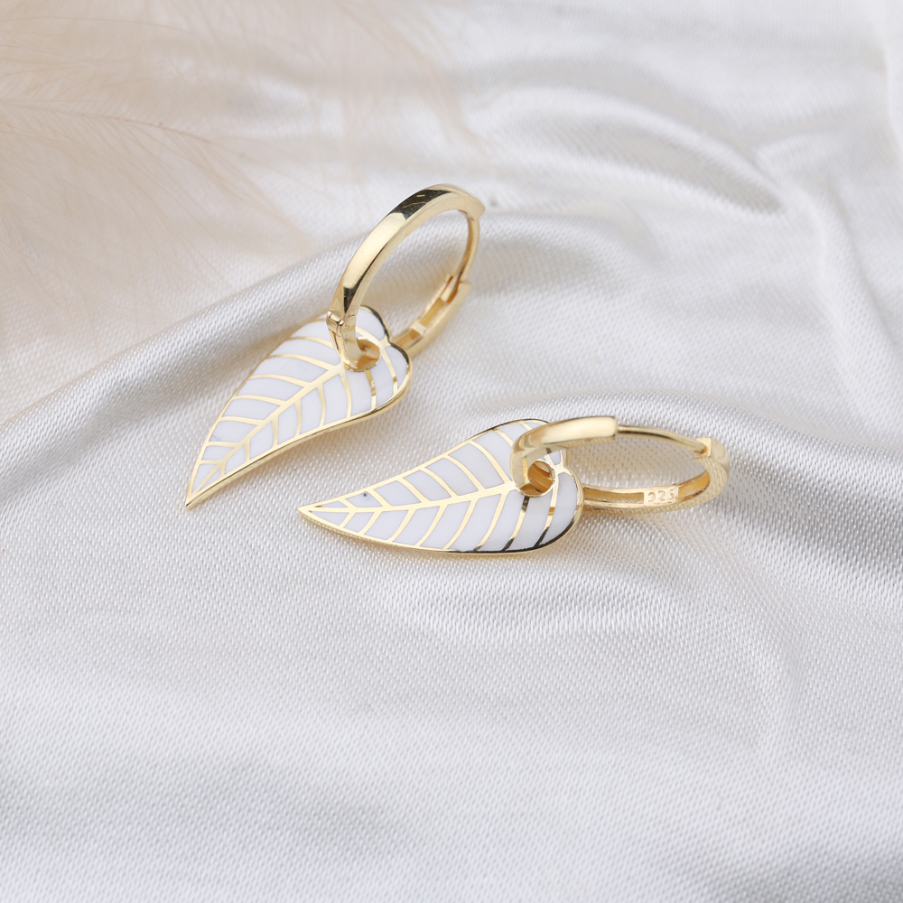 White Enamel Leaf Design Earrings Turkish Wholesale 925 Sterling Silver Jewelry