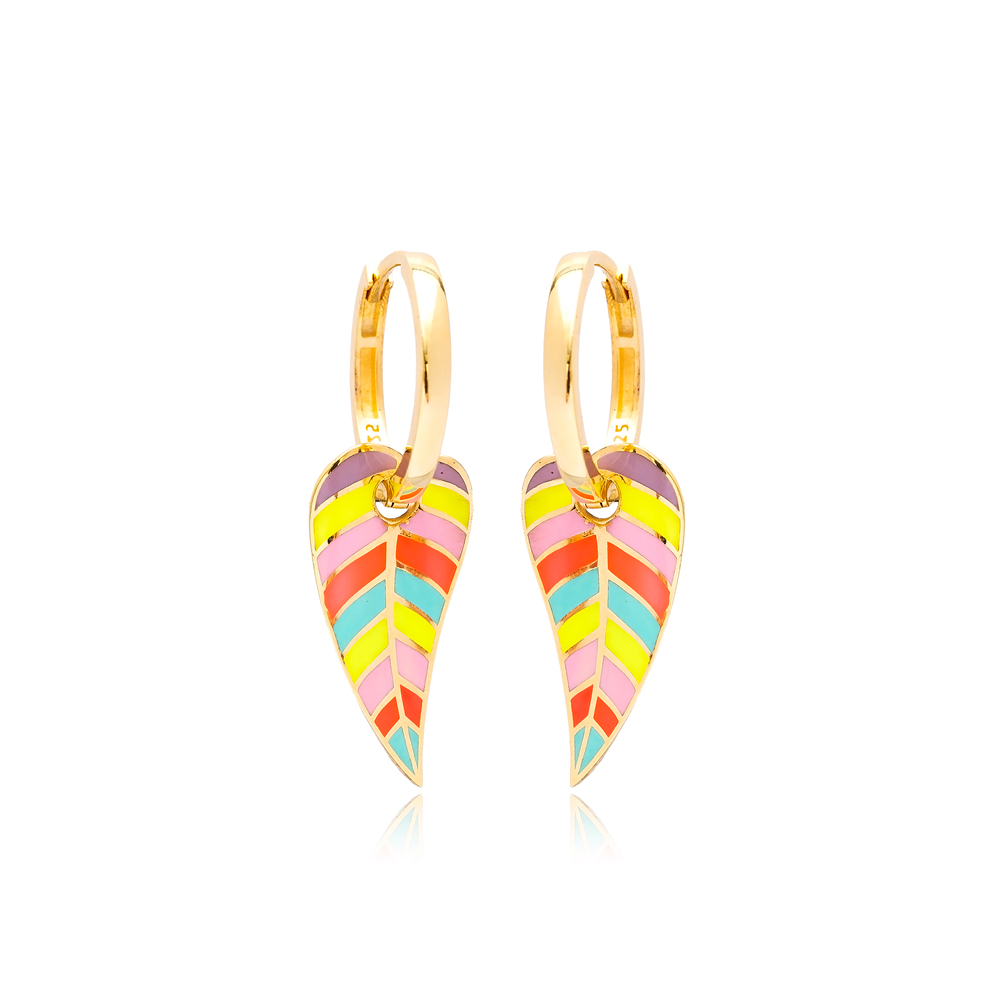 Colorful Enamel Leaf Design Earrings Turkish Wholesale 925 Sterling Silver Jewelry