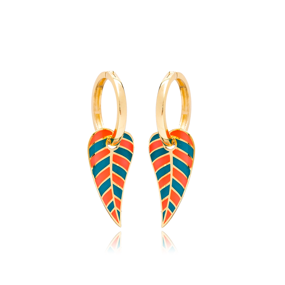 Leaf Design Enameled Earrings Turkish Wholesale 925 Sterling Silver Jewelry