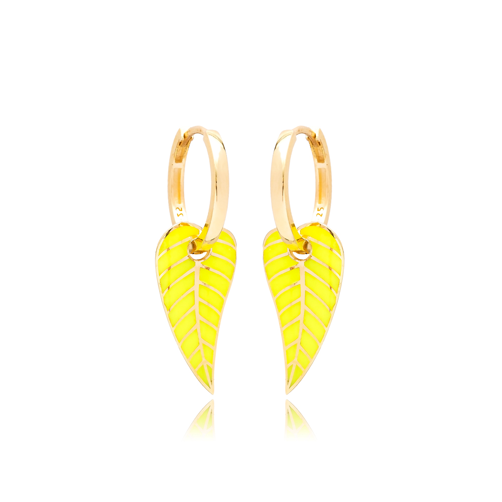 Neon Yellow Enamel Leaf Design Earrings Turkish Wholesale 925 Sterling Silver Jewelry
