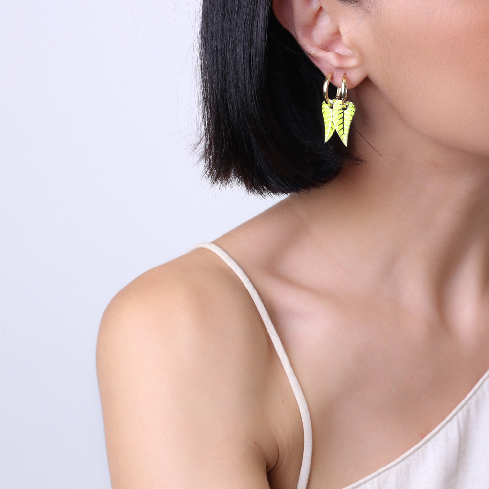 Neon Yellow Enamel Leaf Design Earrings Turkish Wholesale 925 Sterling Silver Jewelry