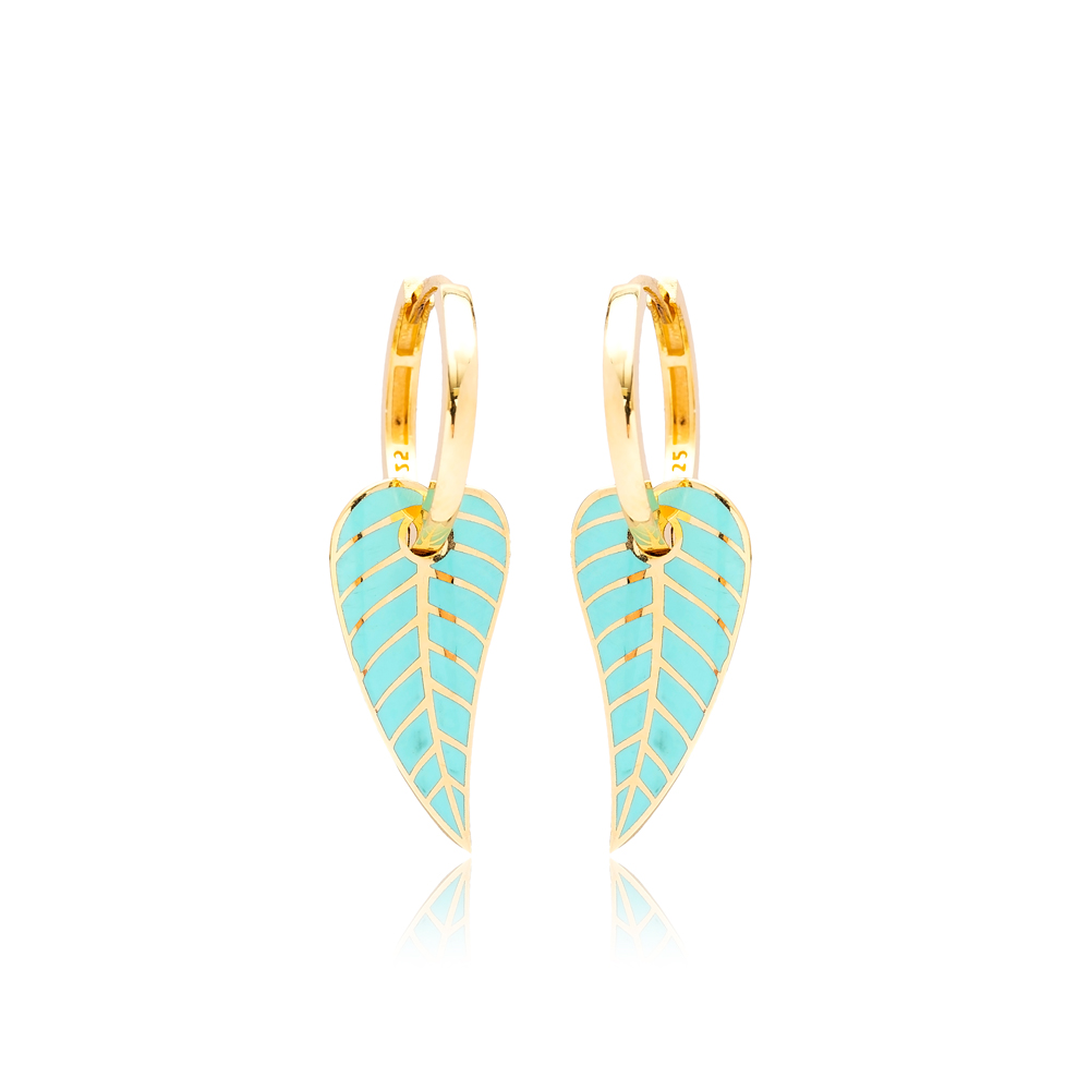 Turquoise Enamel Leaf Design Earrings Turkish Wholesale 925 Sterling Silver Jewelry