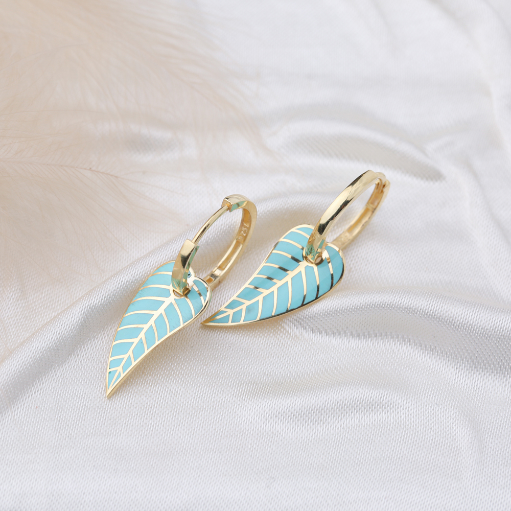 Turquoise Enamel Leaf Design Earrings Turkish Wholesale 925 Sterling Silver Jewelry