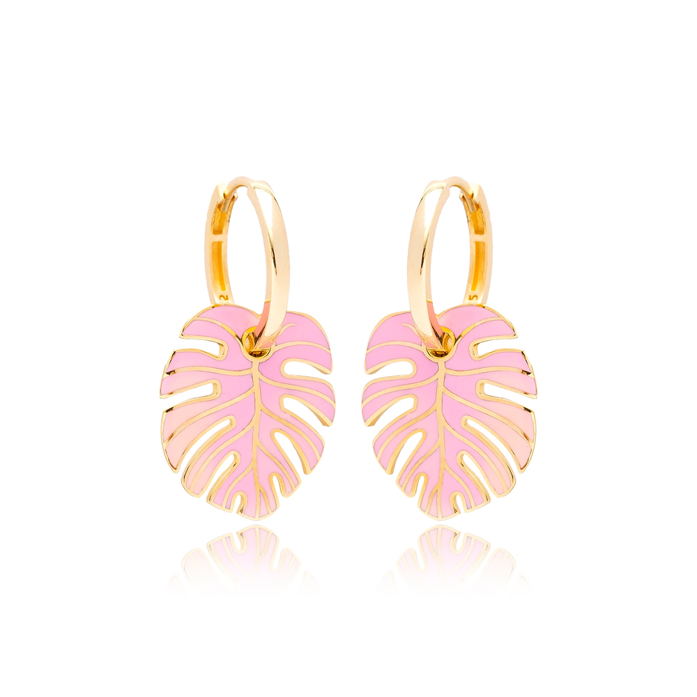 Palm Leaf Pink Enamel Design Earrings Turkish Wholesale 925 Sterling Silver Jewelry