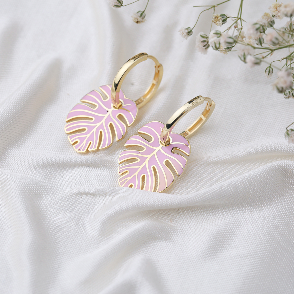Palm Leaf Pink Enamel Design Earrings Turkish Wholesale 925 Sterling Silver Jewelry
