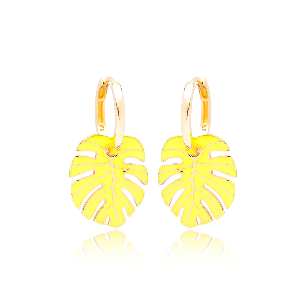 Palm Leaf Neon Yellow Enamel Design Earrings Turkish Wholesale 925 Sterling Silver Jewelry