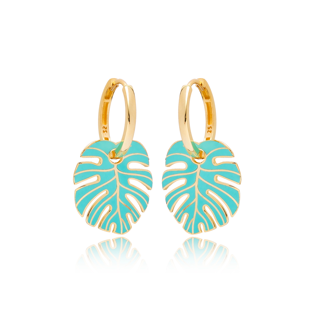 Palm Leaf Turquoise Enamel Design Earrings Turkish Wholesale 925 Sterling Silver Jewelry