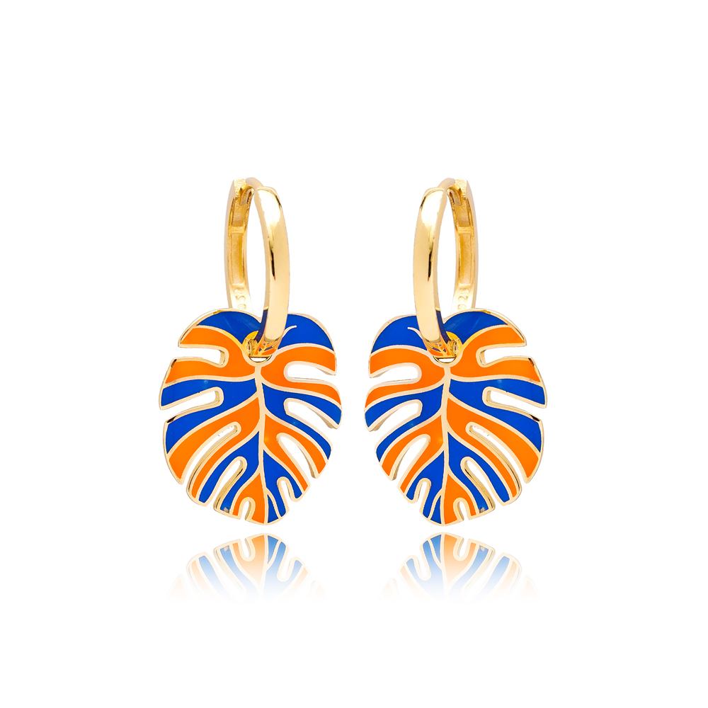 Palm Leaf Enameled Design Earrings Turkish Wholesale 925 Sterling Silver Jewelry