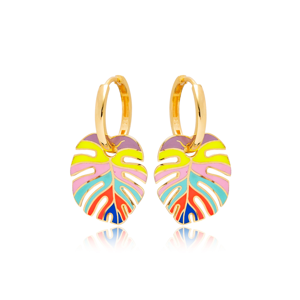 Palm Leaf Colorful Enamel Design Earrings Turkish Wholesale 925 Sterling Silver Jewelry