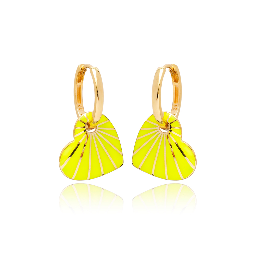 Heart Design Neon Yellow Enamel Earrings Turkish Wholesale 925 Sterling Silver Jewelry