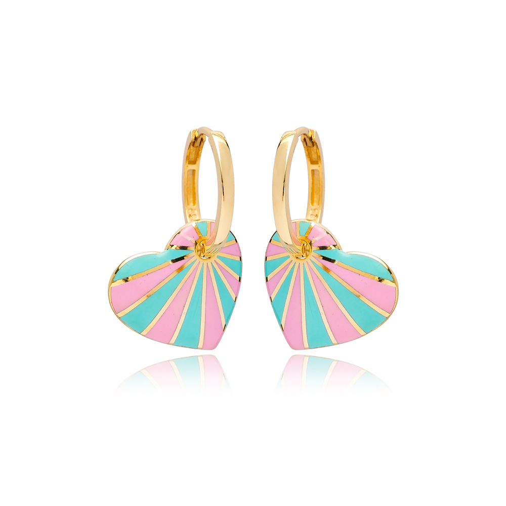 Heart Design Pink and Turquoise Enamel Turkish Wholesale 925 Sterling Silver Earrings