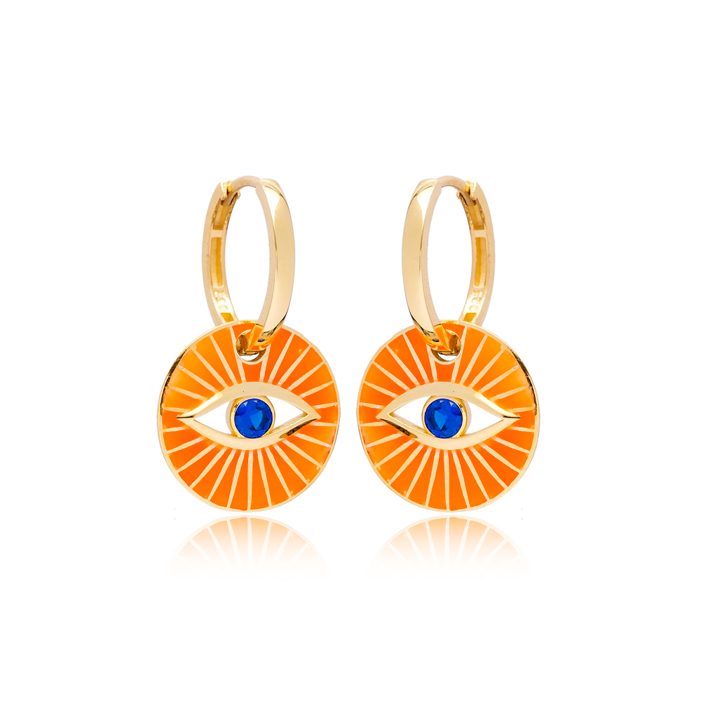 Orange Enamel Evil Eye Design Earrings Turkish Wholesale 925 Sterling Silver Jewelry