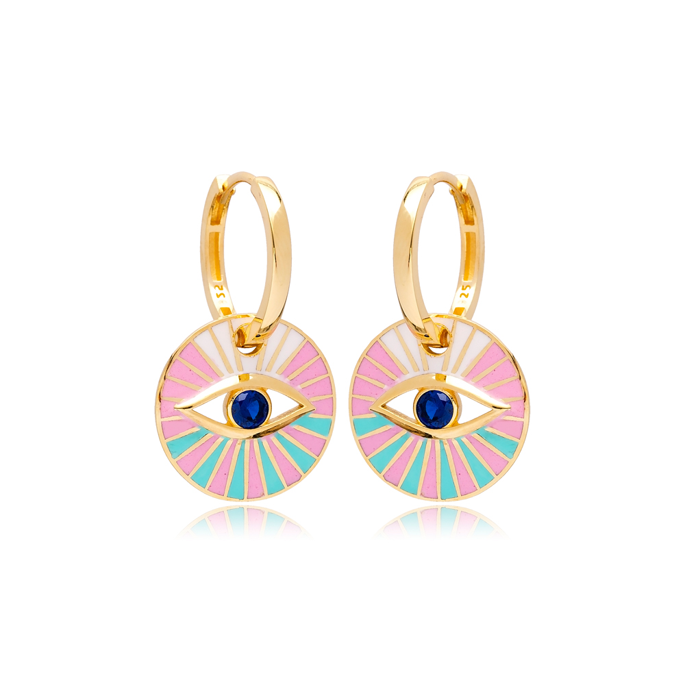 Pink Enamel Evil Eye Design Earrings Turkish Wholesale 925 Sterling Silver Jewelry