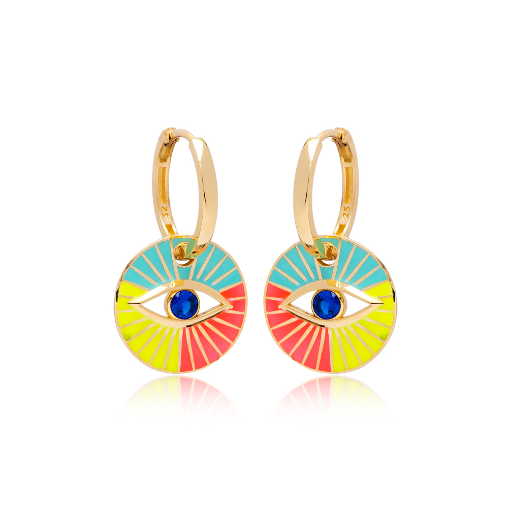 Colorful Enamel Evil Eye Design Earrings Turkish Wholesale 925 Sterling Silver Jewelry