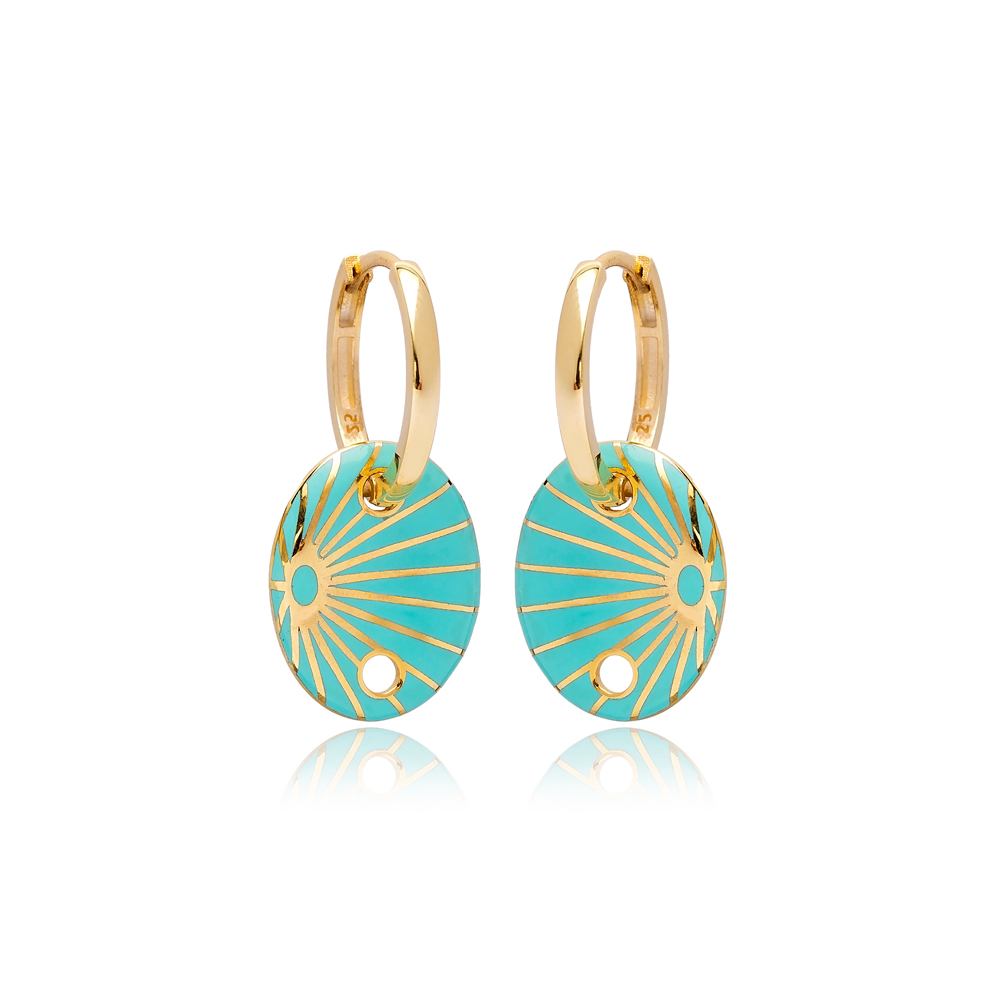 Turquoise Enamel Oval Shape Earrings Turkish Wholesale 925 Sterling Silver Jewelry