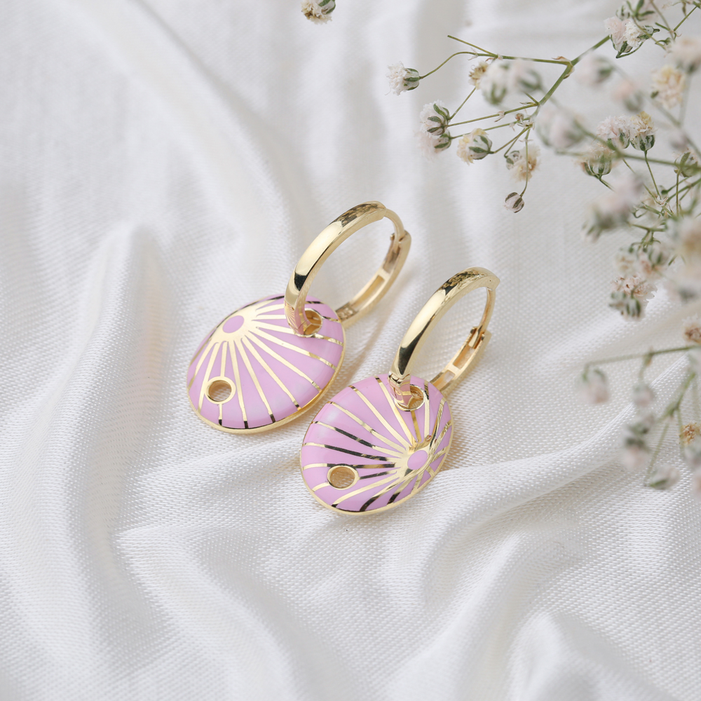 Pink Enamel Oval Shape Earrings Turkish Wholesale 925 Sterling Silver Jewelry
