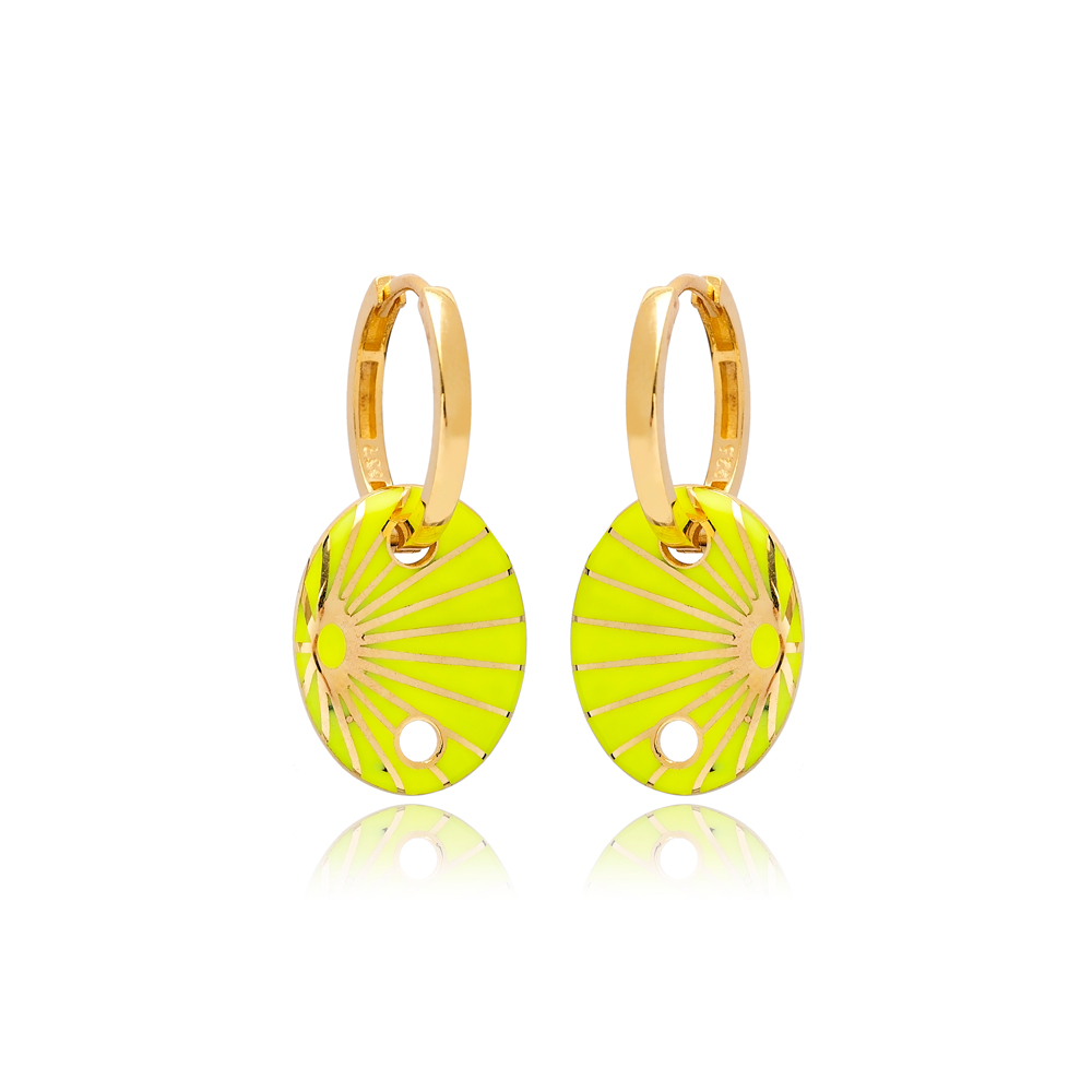 Neon Yellow Enamel Oval Shape Earrings Turkish Wholesale 925 Sterling Silver Jewelry