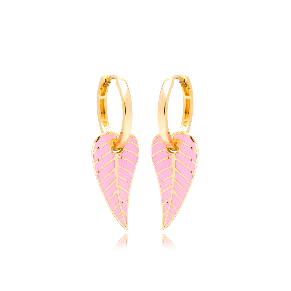 Pink Enamel Leaf Design Earrings Turkish Wholesale 925 Sterling Silver Jewelry
