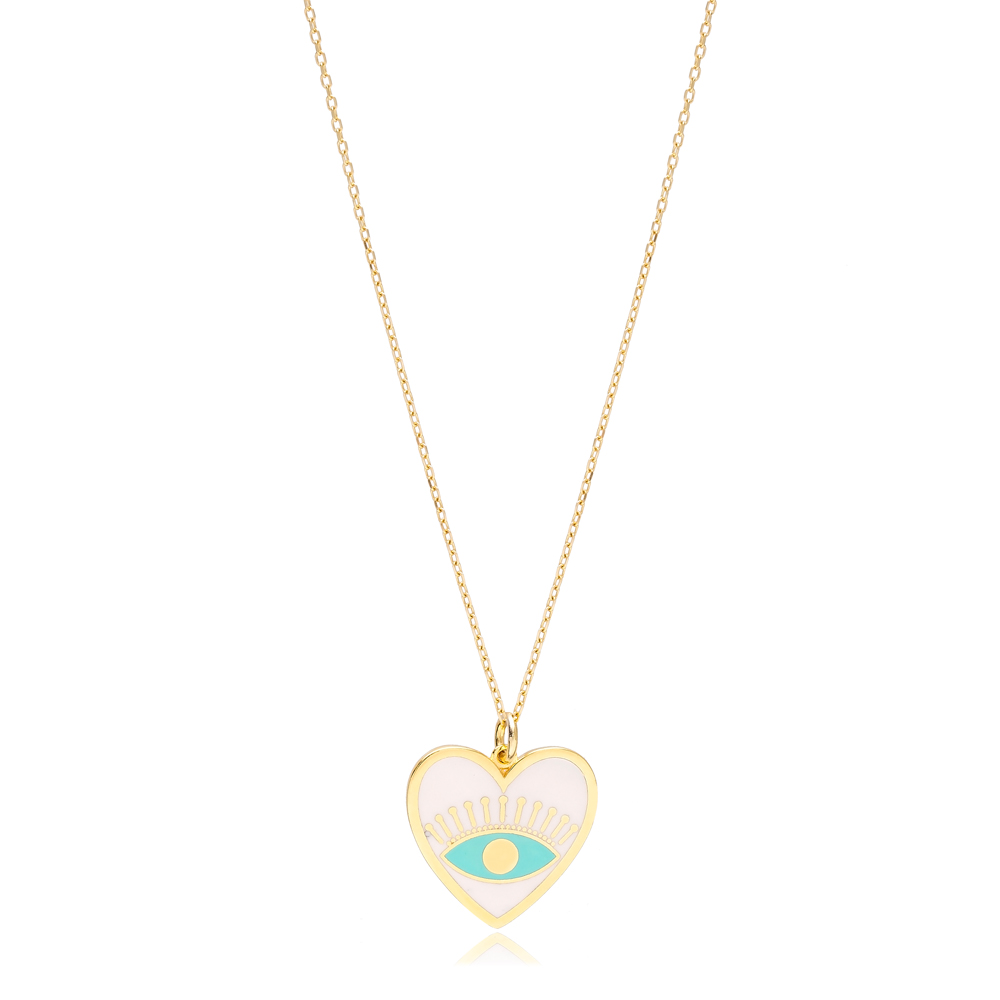 Heart Shape White Enamel Eye Design Necklace Turkish Handmade 925 Sterling Silver Jewelry