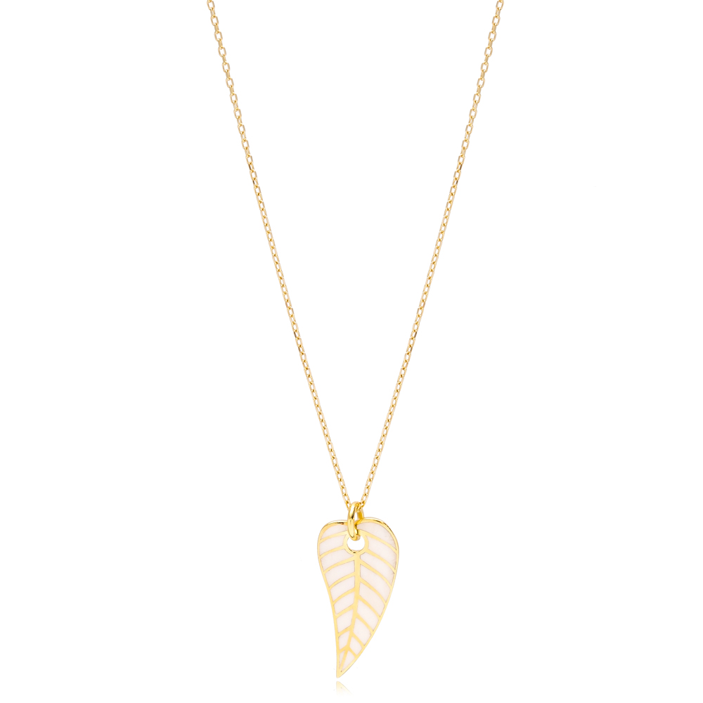 White Enamel Color Leaf Design Necklace Turkish 925 Sterling Silver Summer Jewelry