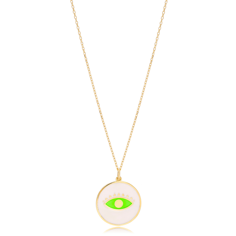 Eye Design Trendy Enamel Pendant Necklace Handmade Turkish 925 Sterling Silver Jewelry