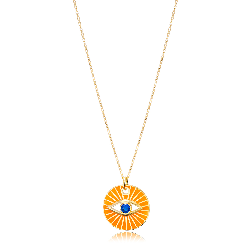 Eye Design Orange Enamel Color Necklace Handmade Turkish 925 Sterling Silver Jewelry