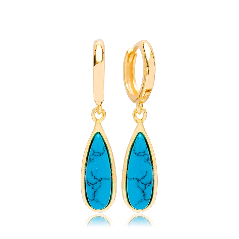 Drop Shape Gold Plated Turquoise Stone Design Turkish Wholesale 925 Sterling Silver Dangle Earrings