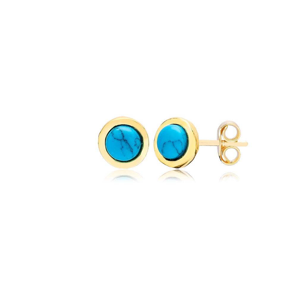 Minimalist Design Round Turquoise Stone Stud Turkish Wholesale Handcrafted Silver Earring
