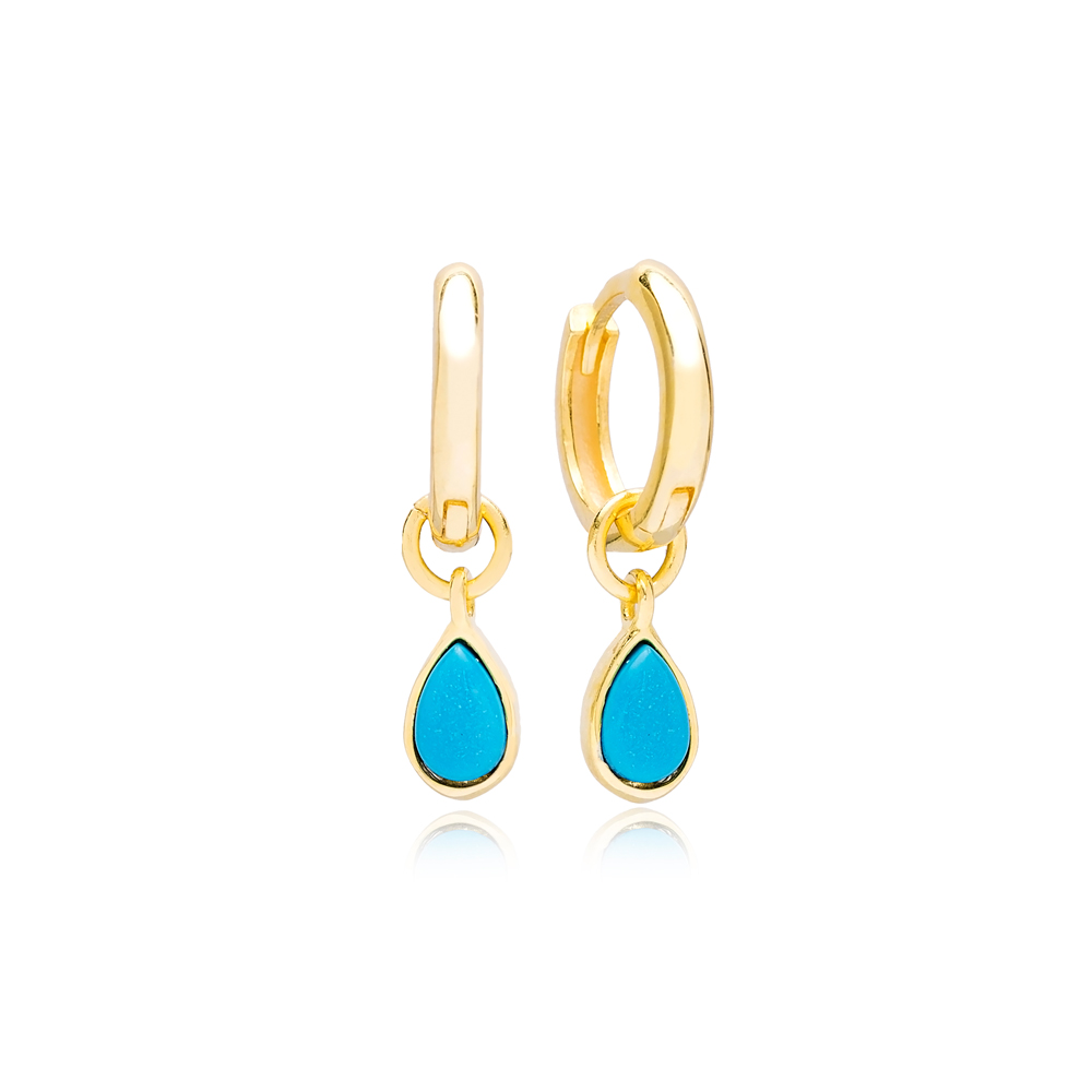 Drop Shape Turquoise Stone Gold Plated Dangle Earrings Turkish Wholesale 925 Sterling Silver Jewellery