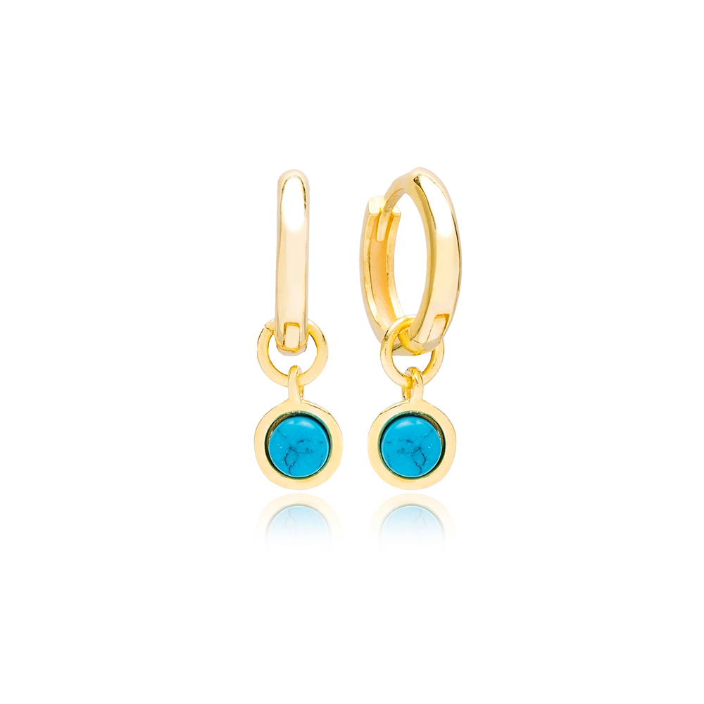 Round Shape Turquoise Stone Gold Plated Dangle Earrings Turkish Wholesale 925 Sterling Silver Jewellery