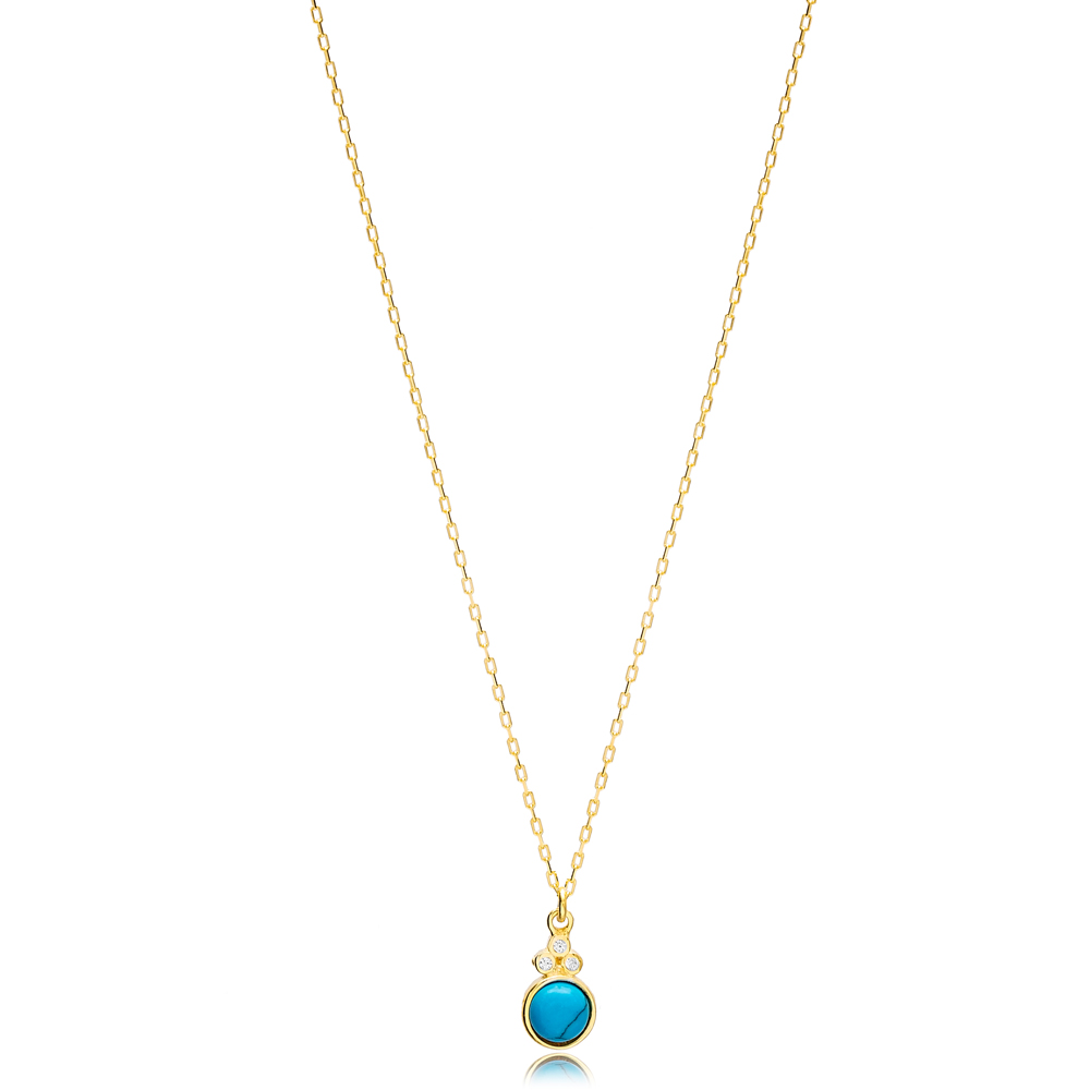 Turquoise Round Shape Three Zircon Detailed Stone Gold Plated Charm Necklace  925 Sterling Silver Jewelry