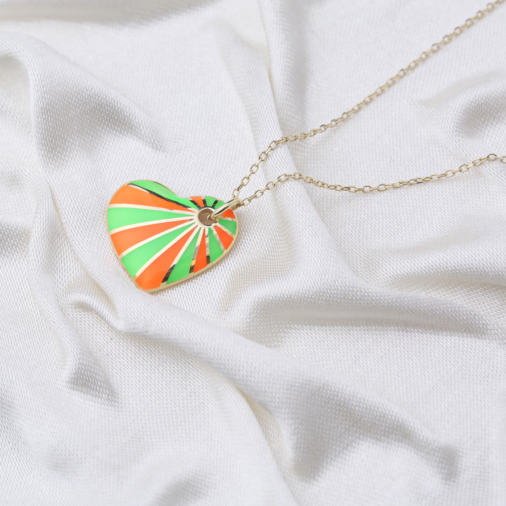 Neon Orange and Green Enamel Heart Shape Necklace Turkish 925 Sterling Silver Jewelry