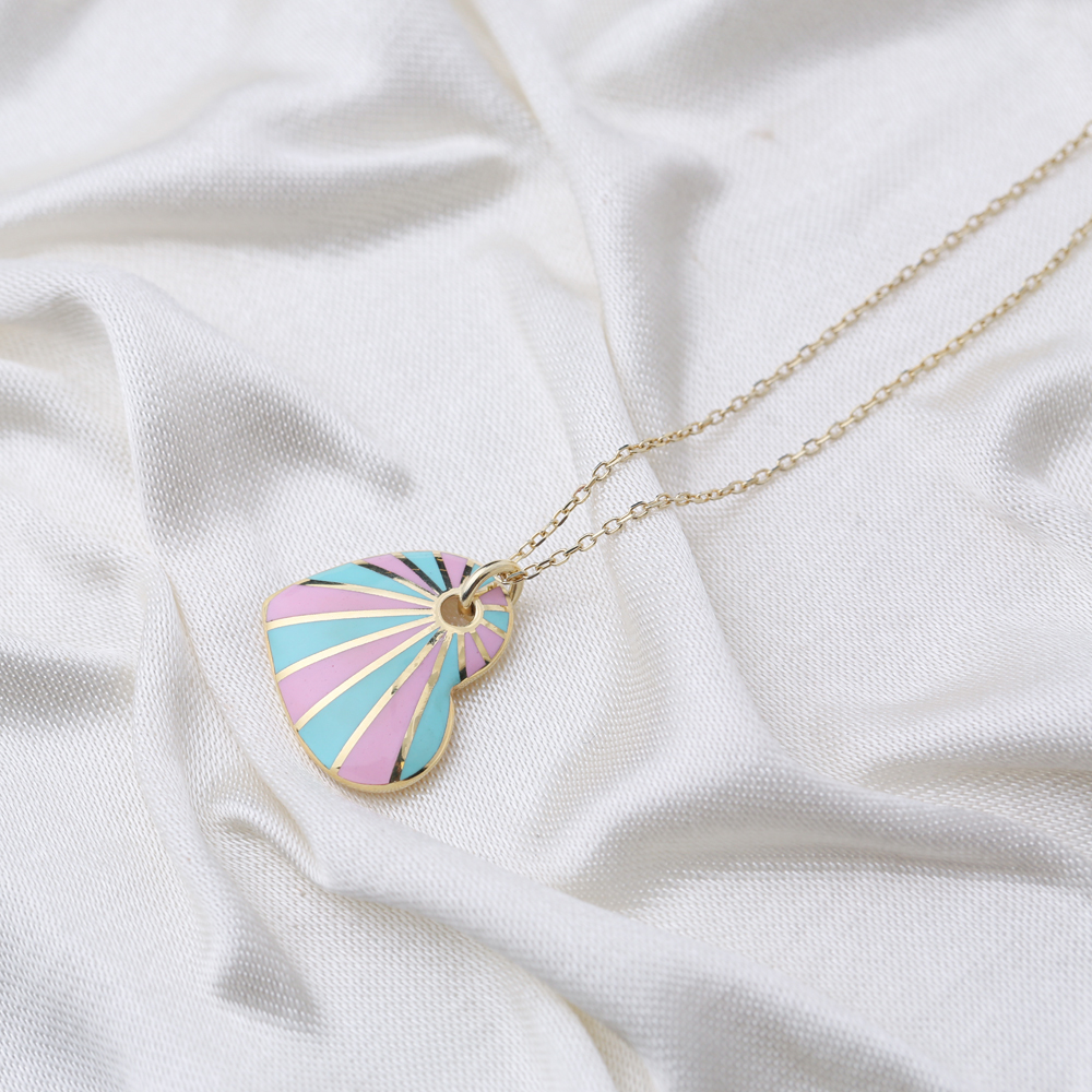 Heart Shape Pink and Turquoise Enamel Pendant Handcrafted Turkish 925 Sterling Silver Jewelry