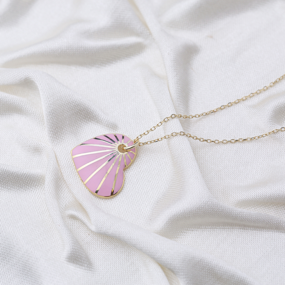 Heart Shape Pink Enamel Pendant Handcrafted Turkish 925 Sterling Silver Jewelry
