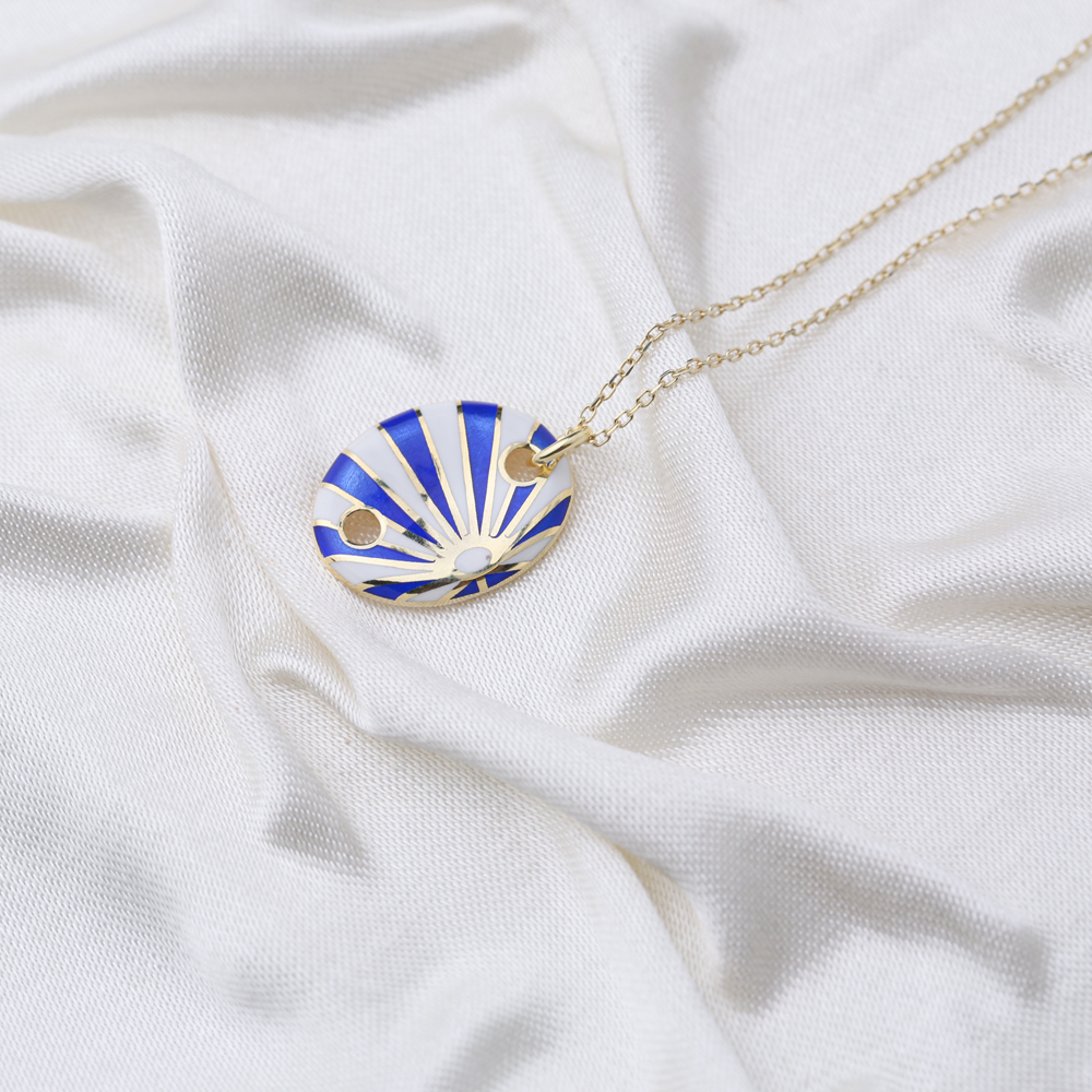 Oval Shape Blue and White Enamel Pendant Handcrafted Turkish 925 Sterling Silver Jewelry
