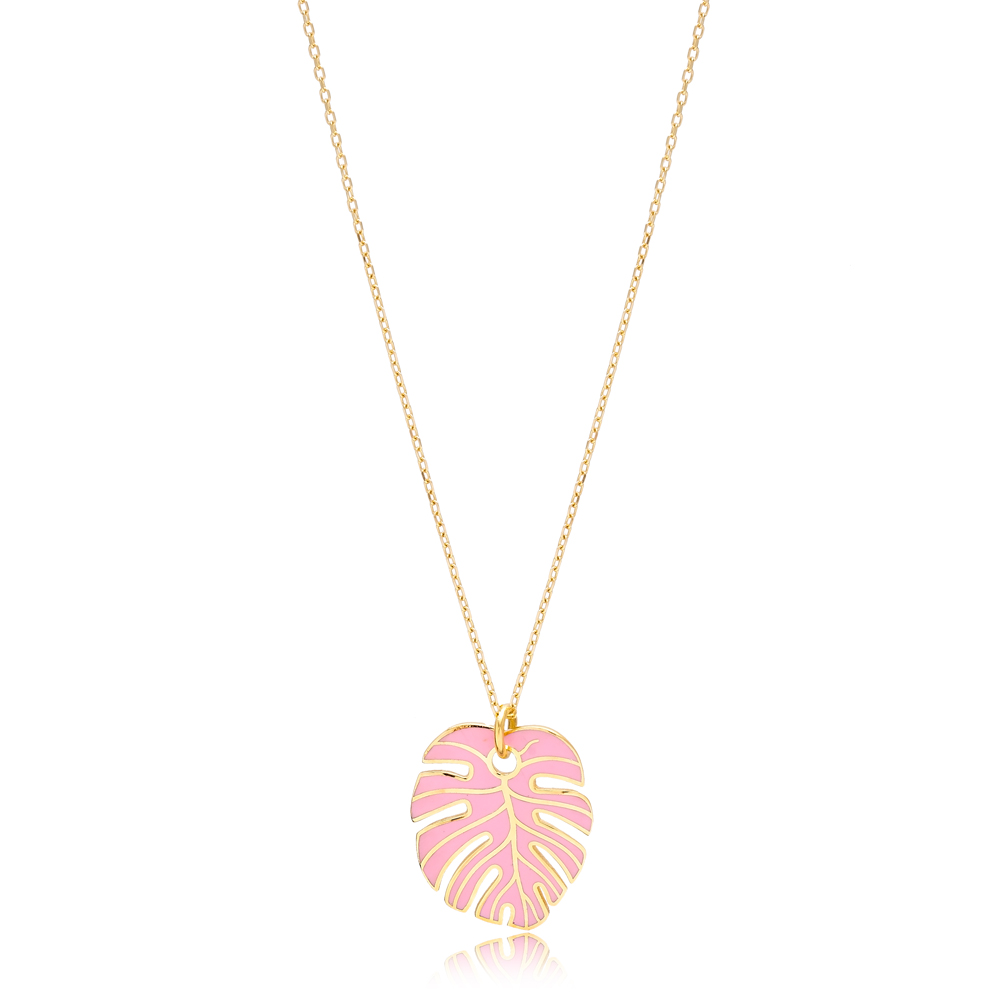 Pink Enamel Palm Leaf Shape Necklace Turkish 925 Sterling Silver Jewelry