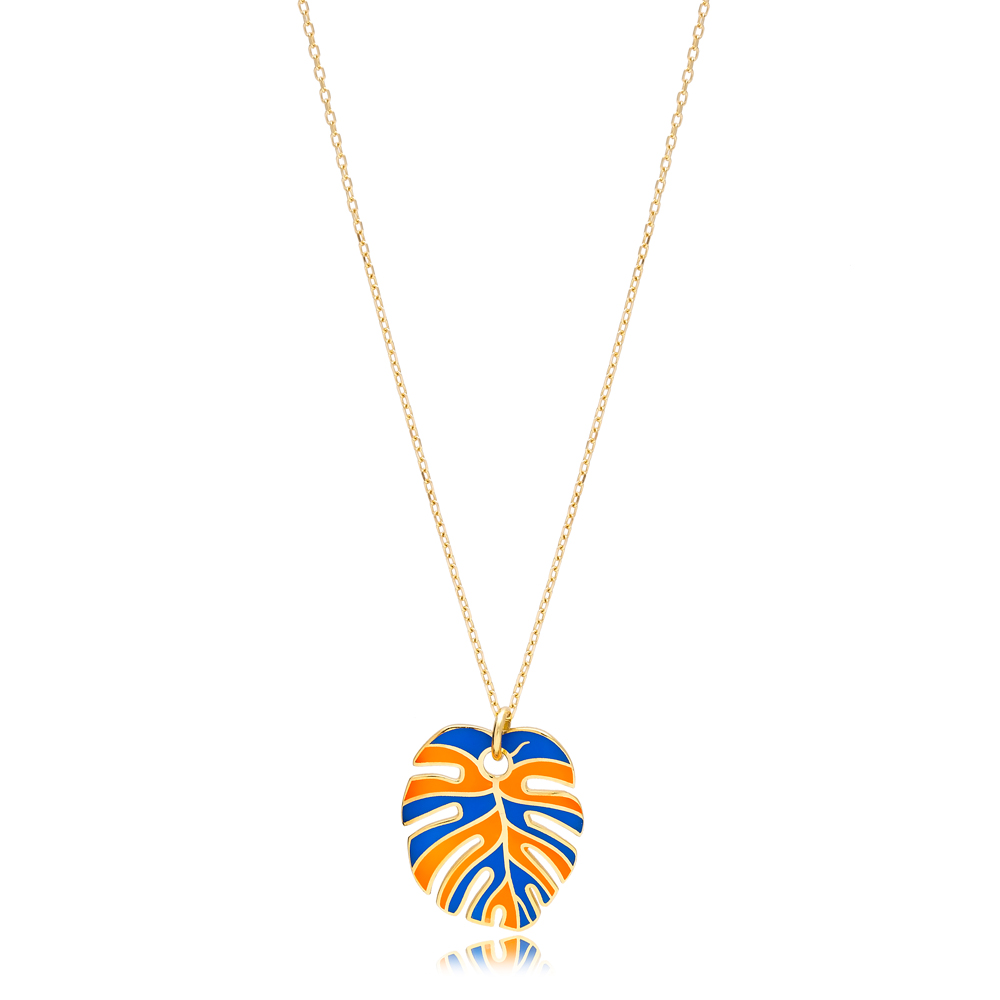 Blue and Orange  Enamel Palm Leaf Shape Necklace Turkish 925 Sterling Silver Jewelry