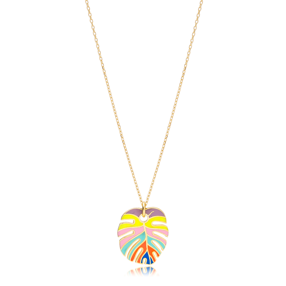 Rainbow Enamel Palm Leaf Shape Necklace Turkish 925 Sterling Silver Jewelry