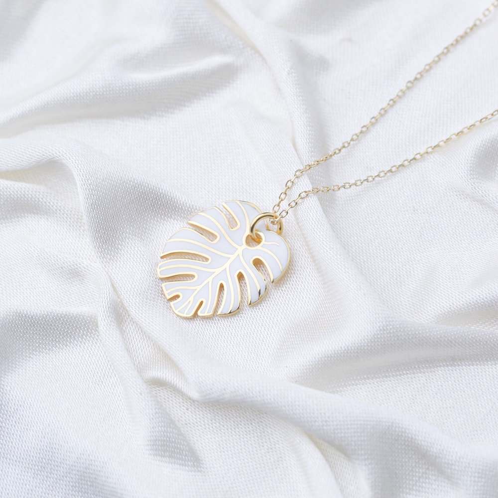 White Enamel Palm Leaf Shape Necklace Turkish 925 Sterling Silver Jewelry