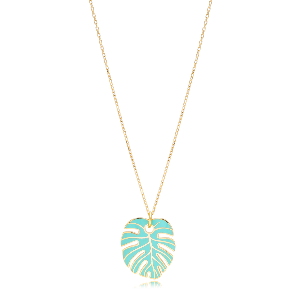 Turquoise Enamel Palm Leaf Shape Necklace Turkish 925 Sterling Silver Jewelry