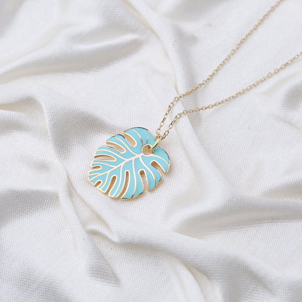 Turquoise Enamel Palm Leaf Shape Necklace Turkish 925 Sterling Silver Jewelry