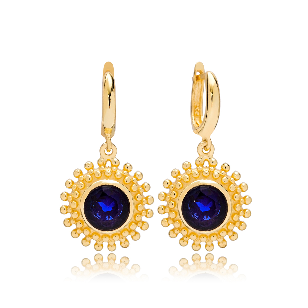 Dainty Round Blue Sapphire Charm Dangle Earrings Turkish Wholesale 925 Sterling Silver Jewellery