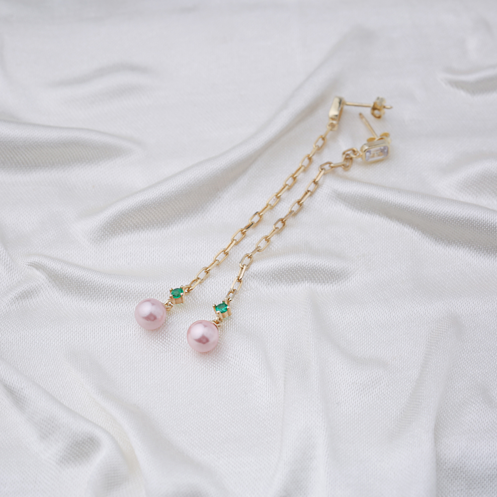 Dainty Pink Mallorca Pearl Charm Stud Design Long Earrings Turkish Wholesale 925 Sterling Silver Jewelry