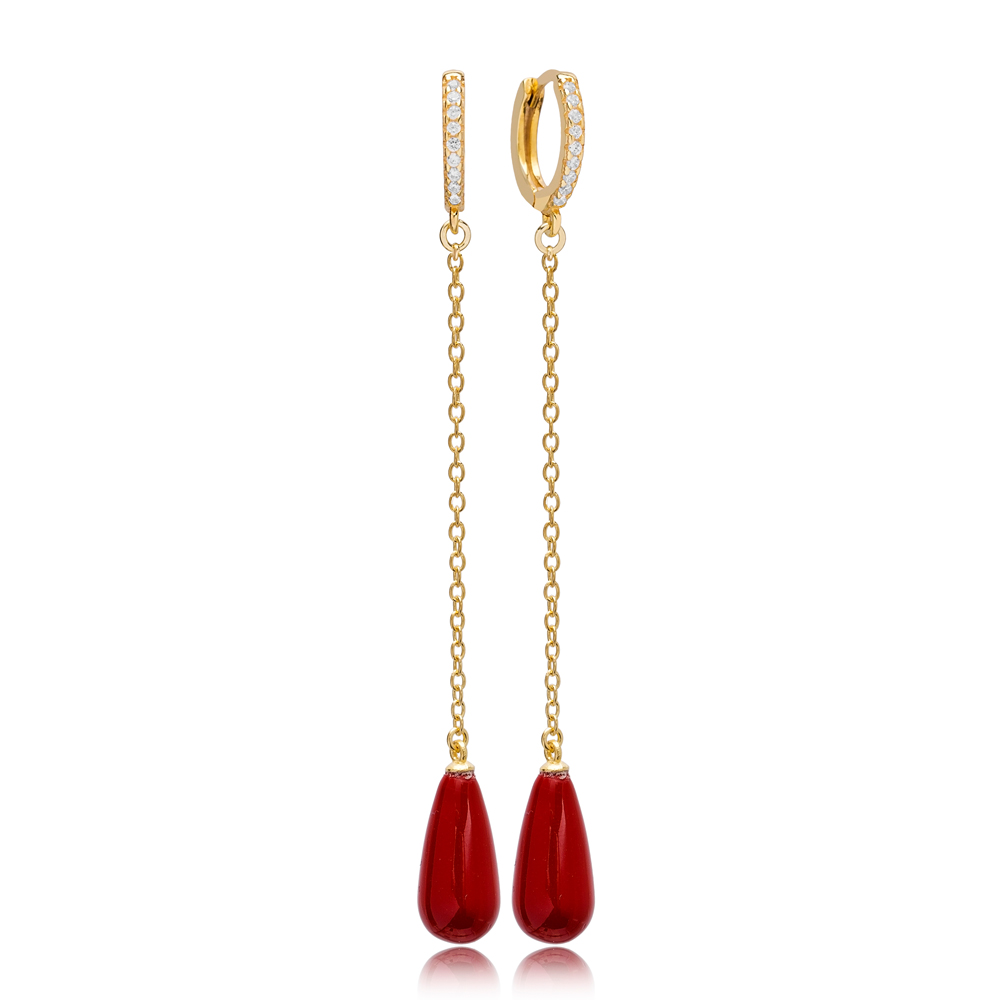 Elegant Drop Red Mallorca Pearl Charm Dangle Long Earrings Turkish Wholesale 925 Sterling Silver Jewelry