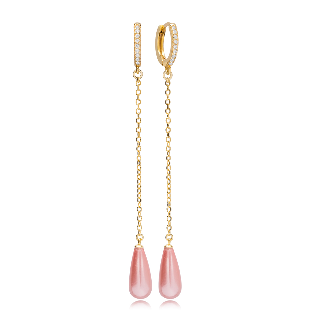 Elegant Drop Pink Mallorca Pearl Charm Dangle Long Earrings Turkish Wholesale 925 Sterling Silver Jewelry