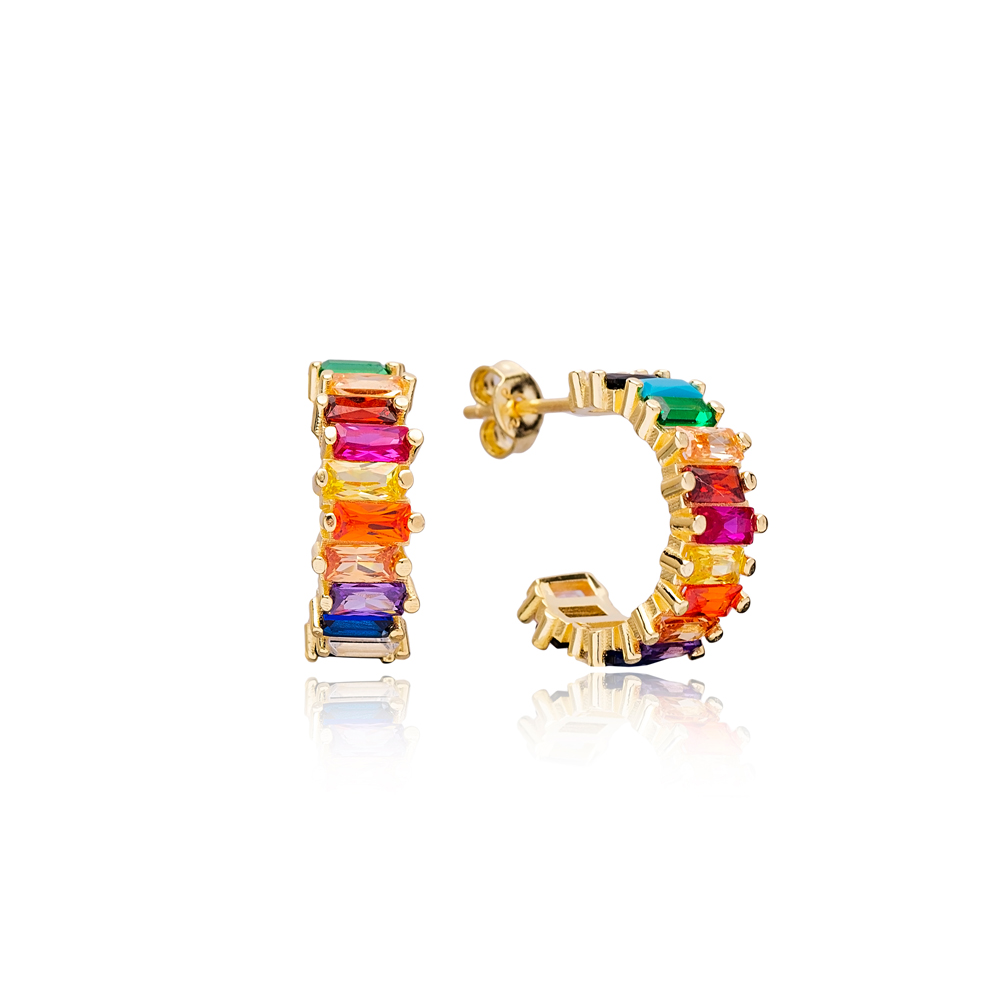 Rainbow Zirconia Stone Baguette Stud Design Hoop Earrings Turkish Handmade Wholesale 925 Sterling Silver Jewelry