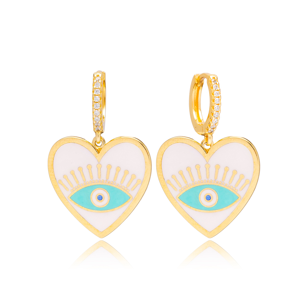 Cute Heart Shape Enamel Evil Eye Design Handcrafted Turkish Wholesale 925 Sterling Silver Dangle Earrings Jewelry
